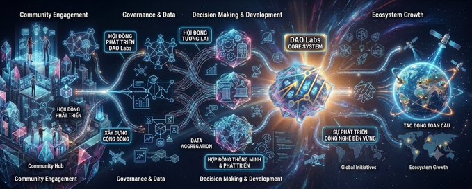 An infographic showing the DAO Labs core system with sections for Community Engagement, Governance & Data, Decision Making & Development, Ecosystem Growth, and Global Initiatives.
