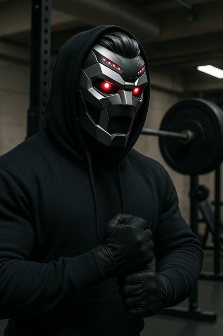 A digitally rendered or heavily edited image of a person wearing a black hoodie and a futuristic, metallic grey mask with glowing red eyes, standing with clenched fists in what appears to be a dimly lit gym setting with weightlifting equipment in the background.