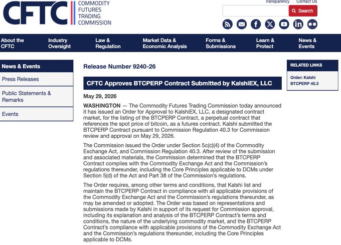 The image shows a screenshot of an email message sent by the U.S. Commodity Futures Trading Commission (CFTC). In this email, the CFTC has approved the first US-regulated Bitcoin perpetual futures contract. They have authorized @Kalshi's BTCPERP contract and @coinbase to route customers to its offshore Deribit affiliate. Additionally, the CFTC has cleared @coinbase of their initial decision not to permit routing customers to this offshore provider. The message indicates that @Kalshi is now allowed to proceed with trading under these new terms.