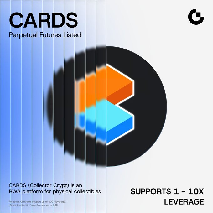 A promotional graphic announcing CARDS (Collector Crypt) perpetual futures listing on Gate.io, featuring the CARDS logo and noting support for 1-10x leverage. The image highlights that CARDS is an RWA platform for physical collectibles, with a disclaimer that perpetual contracts support up to 200x leverage and metals/forex sections up to 100x.