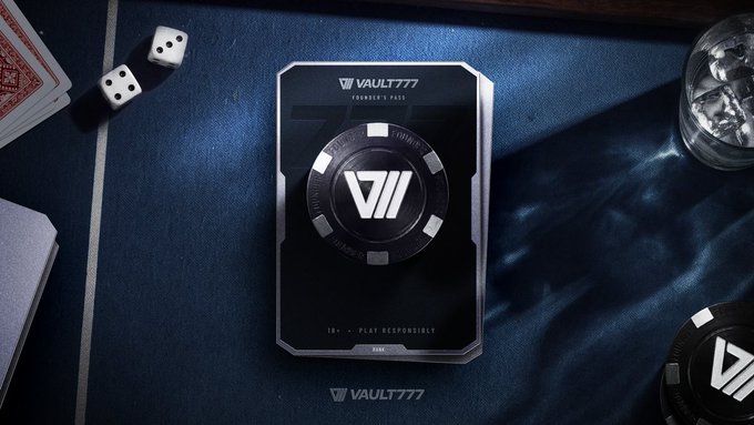 A dark promotional image for Vault777 featuring a playing card with a chip design, accompanied by dice and a glass on a blue surface.
