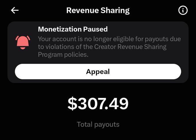 A mobile app screenshot showing 'Monetization Paused' with a red bell icon, an 'Appeal' button, and text indicating '$307.49 Total payouts' due to Creator Revenue Sharing Program policy violations.