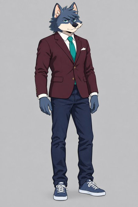 An anthropomorphic blue wolf character dressed in a burgundy blazer, teal tie, navy trousers, and sneakers stands confidently against a plain gray background, fitting the "slowly cooking something" caption as his cool, composed demeanor suggests he's patiently preparing a surprise.