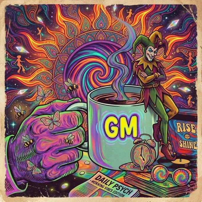 The vibrant psychedelic illustration features a colorful jester leaning against a steaming mug labeled "GM," surrounded by a hand covered in butterflies, a "Rise & Shine" cereal box, an alarm clock, and a "Daily Psych Morning Vibes Edition" newspaper. The imagery playfully captures the surreal, caffeinated ritual of posting "GM" in Web3 culture—visually echoing the post's reflection that viral, low-effort content (like the simple "g/m") often outperforms carefully crafted posts.