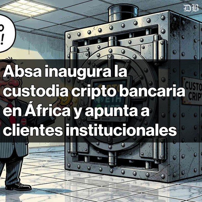A Spanish-language image with text 'Absa inaugura la custodia cripto bancaria en África y apunta a clientes institucionales' over an illustration of a large vault labeled 'CUSTOD... CRIP' containing ETH cryptocurrency, with a cartoon character holding a Bitcoin.