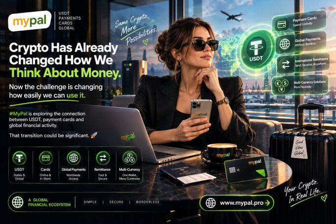 A promotional advertisement for MyPal featuring a stylish woman holding a phone with the brand's logo, surrounded by icons highlighting USDT, payment cards, global payments, remittance, and multi-currency solutions, with text reading "Crypto Has Already Changed How We Think About Money" and "Same Crypto. More Possibilities." alongside the website www.mypal.pro.