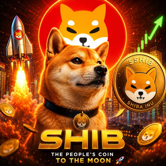 A vibrant promotional graphic features a Shiba Inu dog with a rocket and Shiba Inu coin, with bold text reading 'SHIB', 'THE PEOPLE'S COIN', and 'TO THE MOON' against a fiery orange cityscape background.