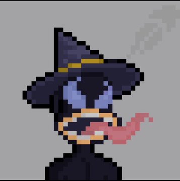 A pixel-art sprite of a small character dressed as a witch in a large black pointy hat and dark outfit with a pink wand, set against a gray background.