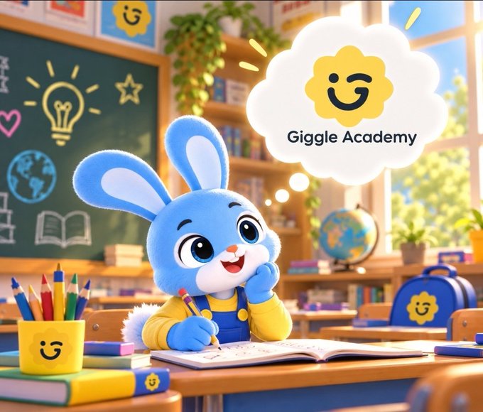 A 3D-rendered cartoon blue bunny character sitting at a school desk with colorful pencils, featuring the 'Giggle Academy' logo with a yellow smiling flower icon in a thought bubble.