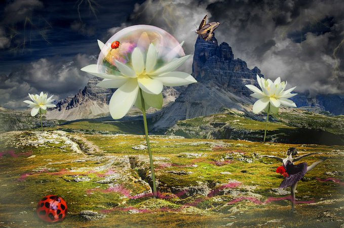 A surreal digital composite showing white lotus-like blossoms in a mountainous alpine meadow under stormy skies, with a butterfly perched on a bubble, a ladybug, a hummingbird, and a ladybug-patterned sphere scattered throughout.