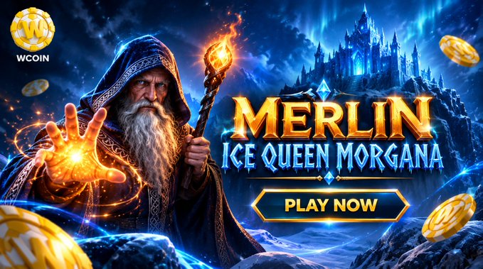 A promotional banner for a 'WCOIN' game titled 'MERLIN ICE QUEEN MORGANA' featuring a wizard character holding a torch, a glowing ice castle, gold coins, and a 'PLAY NOW' button.