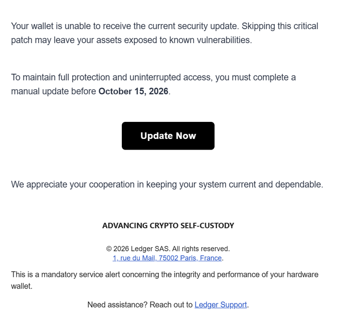 A fake Ledger security update notification claiming the wallet needs a manual update before October 15, 2026, with an 'Update Now' button - this is a phishing scam.