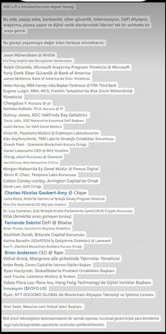 The image displays the speaker lineup for an "XDC x Pi Institutional Açılım Yemeği" (Institutional Introduction Dinner) co-hosted by Pi Network and XDC Foundation. Notable speakers include Jason Muhendisen (NVIDIA), Ralph Chiarella (Microsoft), Yurii Derev (Bank of America), James McKenna (Bank of America), Eugene Luzzin (Fifth Third Bank), Chengdi Lu C. Kurucu, Quincy Jones (XDC Vakf'ında Baş Geliştirici), Travis John (XDC Network), Alex Kopf (TRM Labs), Dinesh Patel, Daniel Lebensohn (BHJ), Chirag Jetani (Diamond), Morgan Nielsen (Gem), Colton Conley (Arrington Capital), Charles-Nicolas Gaubert-Amy (Clique), Brian Anderson (CEO of Raze), Vishal Arora (Mangrove), Ryan Haczynski (GlobalStake), and Jack Traube (Listleeme