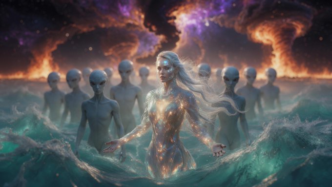 A luminous silver-haired figure with glowing celestial body art stands serenely in turbulent teal waters, surrounded by pale, otherworldly beings beneath a dramatic cosmic sky of purple nebulae and fiery orange clouds. The image's ethereal, transcendent aesthetic aligns with the post's "Ascended Omnipotence" theme, evoking a sense of divine power and cosmic mastery fitting for a Tezos-themed art celebration.