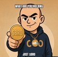 A cartoon-style icon depicting a smiling man in a black hoodie holding a gold Bitcoin coin, with text mentioning 'JUST' and 'CRYPTO'.