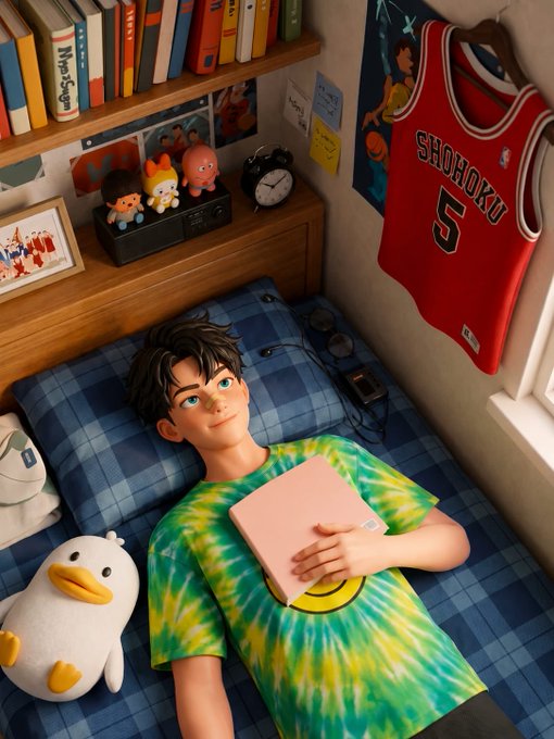 A 3D-rendered illustration depicts a young boy with freckles lying on a blue plaid bed, holding a pink book on his chest, surrounded by anime figurines, manga books, a Shohoku #5 basketball jersey, and a white duck plush toy.