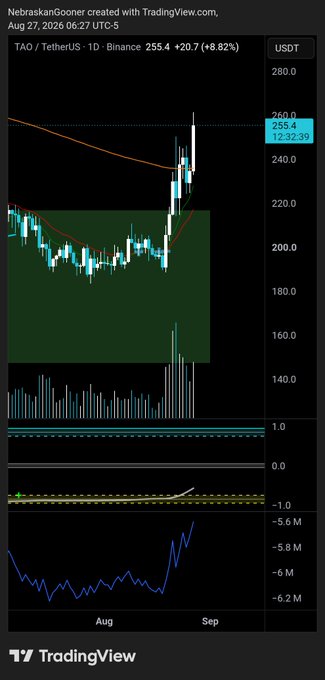 A TradingView daily chart for TAO/TetherUS on Binance shows the price breaking above the 99-period smoothed moving average resistance at $255.40, up 8.82%, with a notable volume spike confirming the breakout from the prior consolidation range. This visual confirms the post's observation of "lovely follow through back above the 99smma resistance," illustrating how patient holders are being rewarded as TAO pushes toward the $260 level.