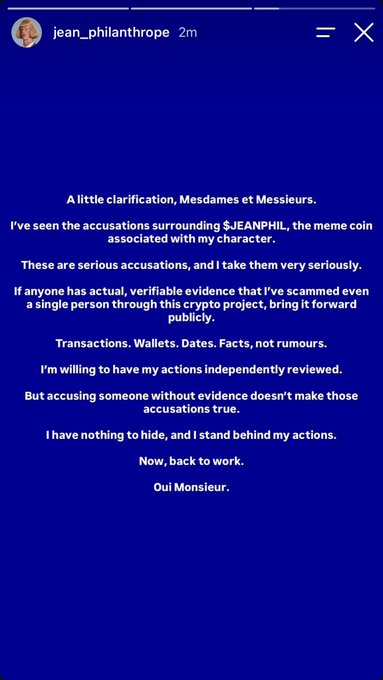 An Instagram story from "jean_philanthrope" addressing accusations surrounding the $JEANPHIL meme coin, denying scamming and demanding verifiable evidence of wrongdoing. The post supports creator @JeanPhilMadame, framing the situation as memecoins fulfilling their purpose of building communities around global cultural icons like $DOGE and $PEPE.