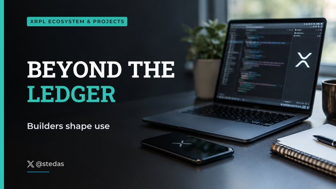 A promotional graphic titled 'BEYOND THE LEDGER' about XRPL Ecosystem & Projects, showing a desk with a laptop displaying code and a phone with an X logo.