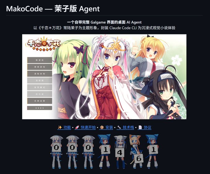 A promotional graphic for 'MakoCode — 茉子版 Agent', a desktop AI Agent themed around the character Komori Kusunoki from 千恋*万花. It features a game screenshot with a menu and a row of anime character sprites holding numbers like 0, 1, 4, 6, and 1.
