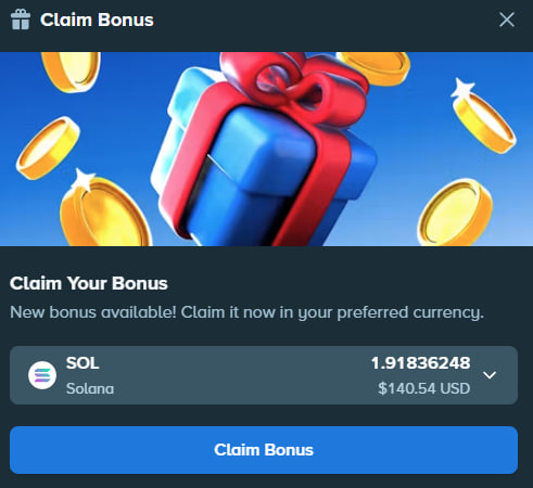 A "Claim Bonus" popup displays 1.91836248 SOL ($140.54 USD) available in Solana, presumably earned from the user's heavy wagering activity on Stake mentioned in the post.