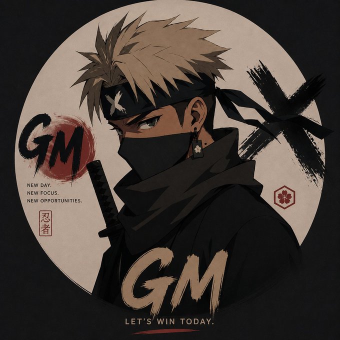 An anime-style illustration of a blonde ninja character with a headband and face mask, holding a katana, set against a circular background with a red sun, a Japanese '忍' (ninja) stamp, and 'GM - Let's Win Today' motivational text.