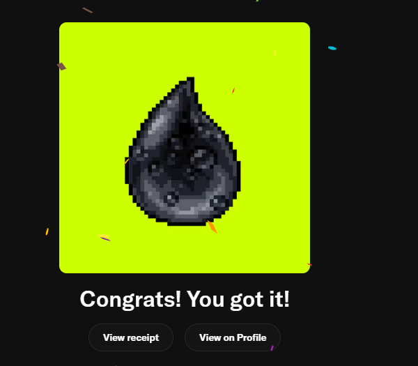 A digital receipt screen displaying a pixel-art black droplet/rock on a green background with confetti, accompanied by the text 'Congrats! You got it!' and buttons for 'View receipt' and 'View on Profile'.