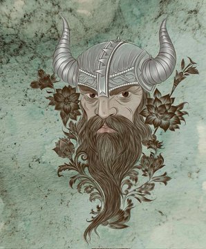The image features an illustration of a man with a long beard, wearing a helmet that has horns, and a mustache. The background of the image is green, which contrasts with the man's facial hair. There are flowers surrounding him on either side, adding to the overall aesthetic appeal of the artwork. The caption provided in the image reads: "#FineArtonXRPL #Masterpiece Heir of the Iron Roots Veins of iron, a beard of roots and blossoms every flower a battle, every leaf a vow to protect the balance between blade and earth". This description highlights the artistic elements present in the illustration.