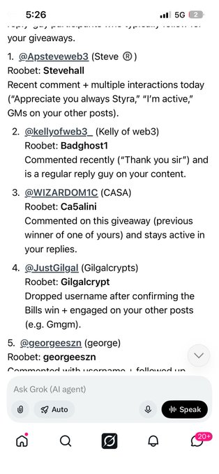 A screenshot of a giveaway post listing 5 winners with their X/Twitter handles (@Apsteveweb3, @kellyofweb3_, @WIZARDOM1C, @JustGilgal, @georgeeszn) and their engagement activity, congratulating them on staying active and asking them to send their Solana wallet address. The accompanying note explains the criteria behind selecting these active participants for the giveaway.