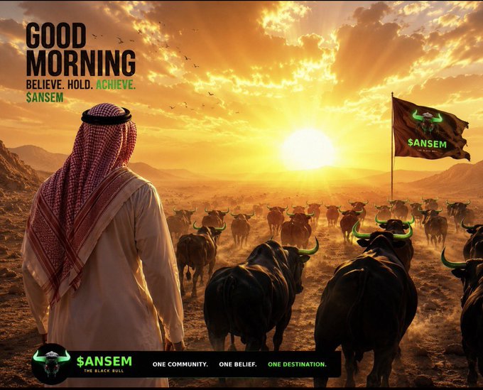 A motivational graphic reading 'GOOD MORNING - BELIEVE. HOLD. ACHIEVE. $ANSEM' featuring a person in traditional Arab headdress watching a herd of cattle at sunset beneath a black flag with a green bull logo and the word 'SANSEM'.