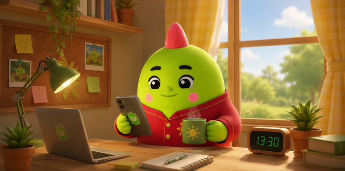 A cheerful green pear-shaped character in a red robe holds a smartphone and a steaming mug at a desk, with a digital clock reading "13:30" and a laptop displaying a small green icon. The cozy, sunlit workspace visually reinforces the post's message about pausing mid-afternoon to check in on the Sleepagotchi app before returning to work.