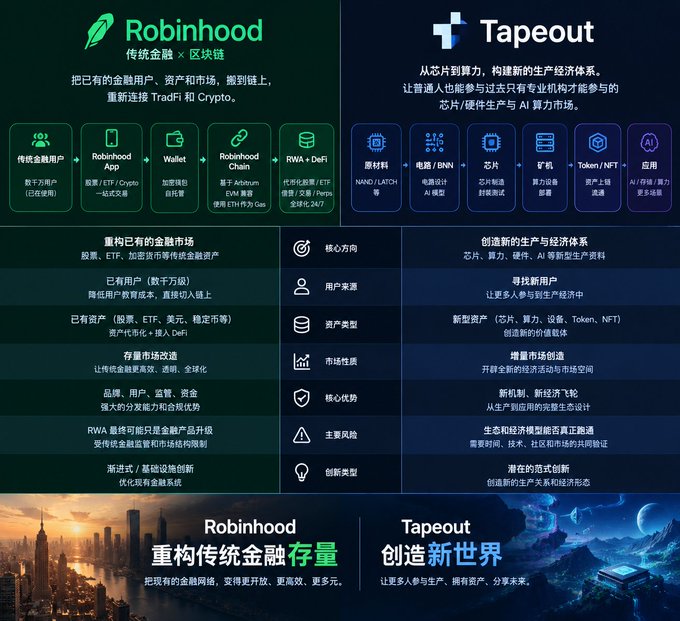 The image is a side-by-side comparison infographic contrasting **Robinhood** (传统金融 × 区块链) on the left with **Tapeout** (creating new production systems) on the right, illustrating two different blockchain philosophies.

The **Robinhood** side highlights its ecosystem of products—Robinhood App (US stock broker), Robinhood Chain (stocks/ETFs/Crypto—4K US trading), Wallet (self-custody), Robinhood App (based on Altura's IDM), and RWA + DeFi (supporting RWA, ETF, Chain, full custody 24/7)—emphasizing how it reconstructs traditional finance by tokenizing existing assets like stocks, ETFs, and real estate, offering lower costs and improved efficiency through its existing user base.

The **Tapeout** side focuses on building a new production economy from chips, including hardware (NANO LATCH wafer), circuits/BNN (circuit design AI model), chips (chip manufacturing), phones