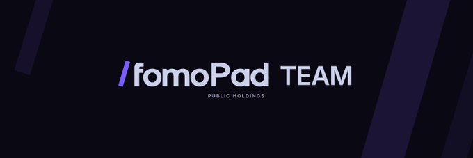 Logo and banner for "fomoPad TEAM" with the tagline "PUBLIC HOLDINGS" displayed on a dark background.