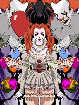 An illustration of Pennywise the clown from IT with a red balloon, standing in front of large menacing faces in a horror-themed artwork.