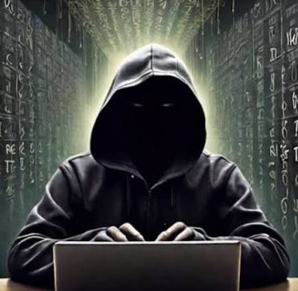 An AI-generated illustration depicts a mysterious figure in a dark hoodie with glowing eyes, typing on a laptop amidst falling green code reminiscent of the Matrix.