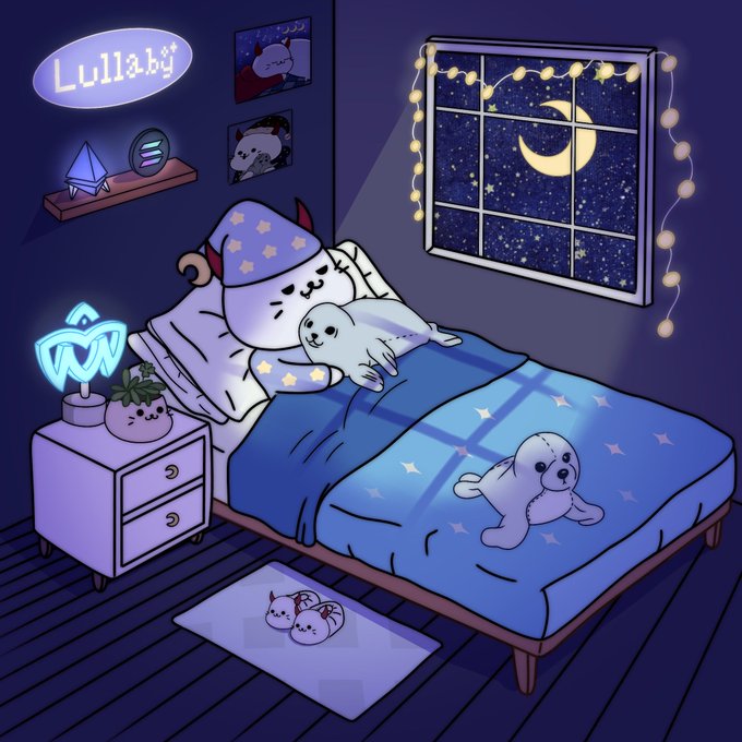 A cozy illustrated bedroom scene at night featuring a bed with blue star-patterned blankets, a seal plushie, a 'Lullaby' neon sign, and a window showing a crescent moon.