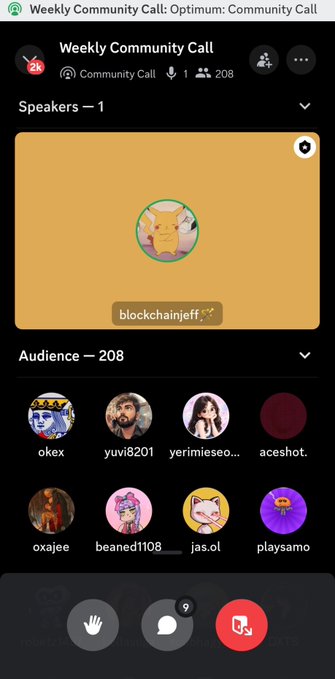 A screenshot of a Telegram voice chat interface titled "Weekly Community Call" shows 208 participants, with the speaker "blockchainjeff" displaying a Pikachu profile picture, and audience members including "okex", "yuvi8201", "oxajee", and "jas.ol" visible as circular avatars.