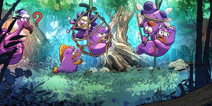 A group of purple cartoon creatures, including one trapped in a net and another wearing a top hat, gather in a lush jungle setting while a confused character with a red question mark observes them—mirroring the "Confusion, Chaos, and Diamond hands" energy of the MOYAKI ecosystem.