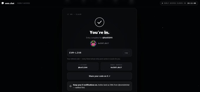 An eyn.chat referral page showing "You're in" with an entry completed by @bAt3Sh1 and invite code EVM-LZVR.