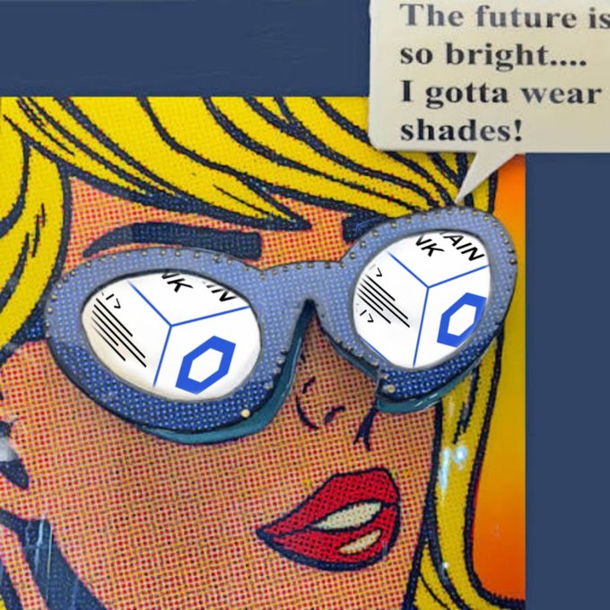 A pop-art style comic illustration shows a blonde woman wearing sunglasses with cryptocurrency logos reflected in the lenses, captioned "The future is so bright.... I gotta wear shades!" The image playfully aligns with the post's message about unstoppable crypto megatrends, using the phrase "wearing shades" to suggest that LINK Chainlink's bright future is too dazzling to face without protective eyewear.