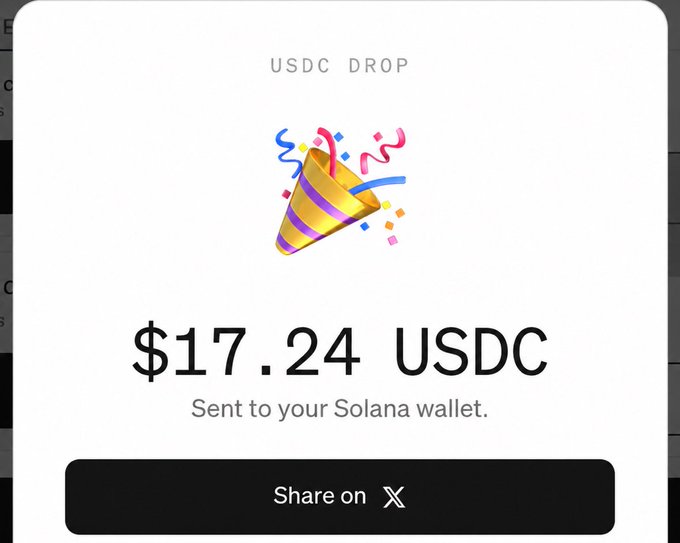 A "USDC DROP" confirmation modal displays $17.24 USDC sent to a Solana wallet, with a party popper graphic and a "Share on X" button. The image illustrates the reward received from the MoonPay USDC airdrop described in the post, though it shows a smaller amount ($17.24) compared to the "$300+" claimed by the user.
