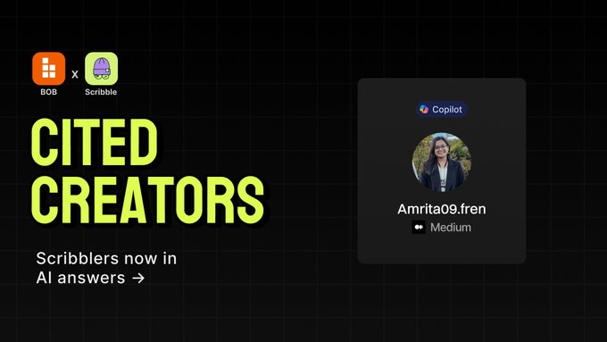 The image promotes the "Cited Creators" initiative, showing that Scribble content is now being cited in AI answers, with "BOB x Scribble" logos in the top-left. It features a citation card displaying "Amrita09.fren" on Medium, whose article was referenced by Copilot—matching the post celebrating her Medium article being cited by Microsoft Copilot for the BOB bounty.