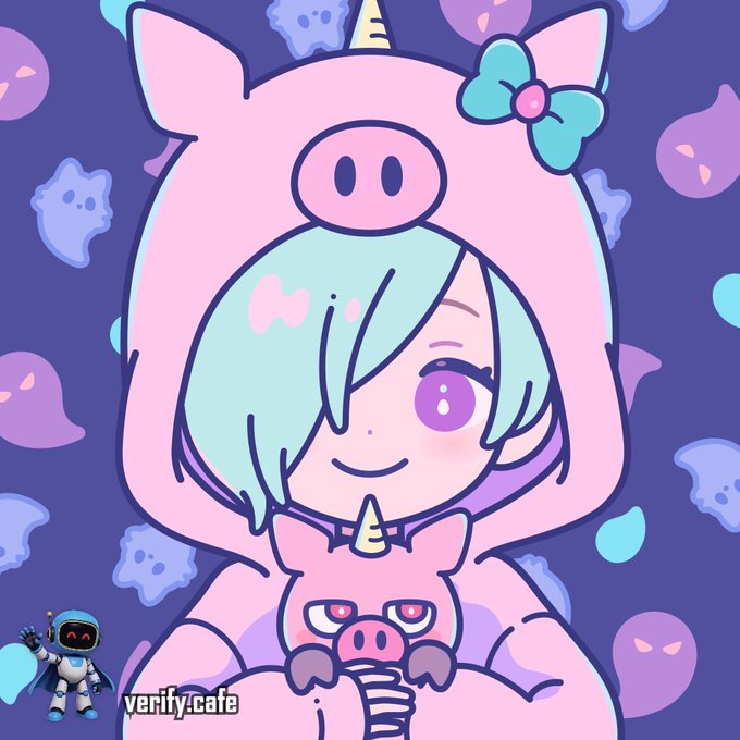 A pastel purple and pink anime-style illustration of a character in a pig hoodie with a turquoise bow, holding a small pig creature, signed 'verify.cafe' with an astronaut mascot.