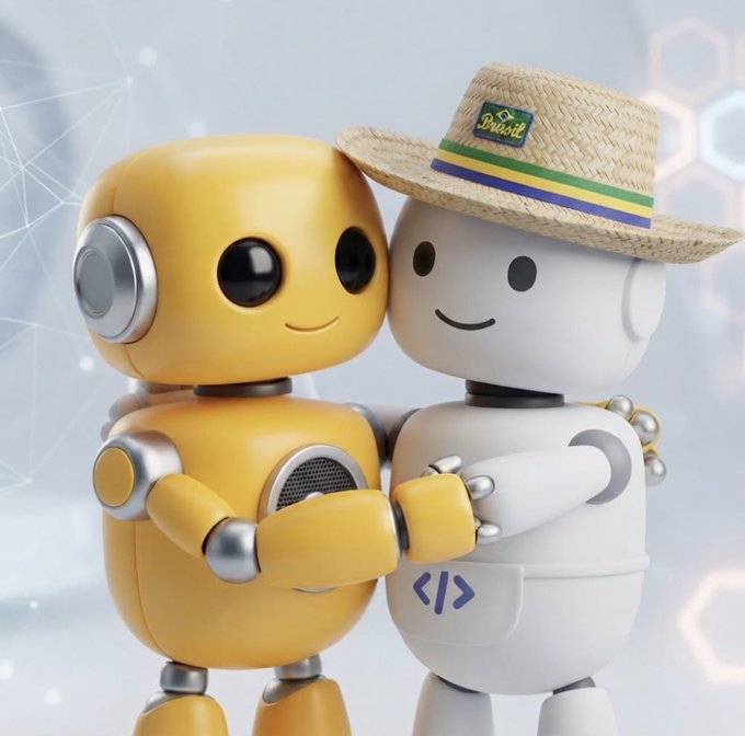 Two 3D-rendered robots, one yellow and one white wearing a Brazil-themed straw hat, embrace each other against a digital network background.