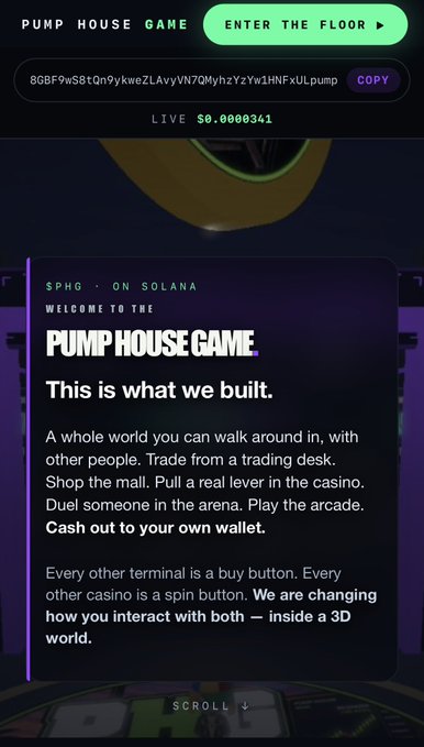 A website screenshot for 'PUMP HOUSE GAME' on Solana featuring a contract address, showing 'This is what we built' with descriptions of a 3D world with trading, shopping, and gaming features.