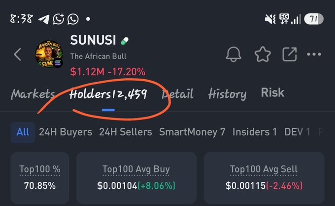 The image shows a crypto tracking app displaying $SUNUSI "The African Bull" token statistics, with a hand-drawn red circle highlighting that it now has 12,459 Holders, supporting the post's claim about the token's growing community.