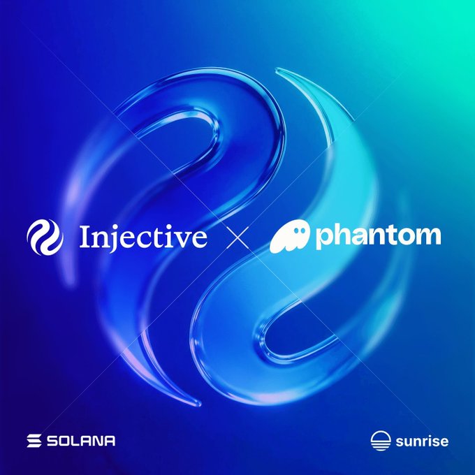 A promotional graphic for 'Injective × Phantom' collaboration on Solana, featuring a stylized blue swirl logo with 'SOLANA' and 'sunrise' branding at the bottom.