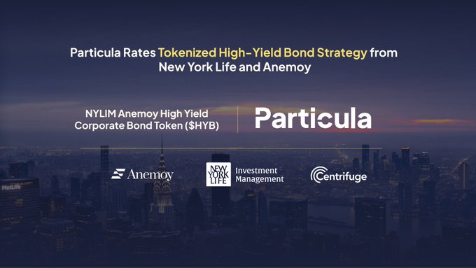 Promotional graphic for Particula, the NYLIM Anemoy High Yield Corporate Bond Token ($HYB), featuring a New York City skyline backdrop with logos for Anemoy, New York Life Investment Management, and Centrifuge.