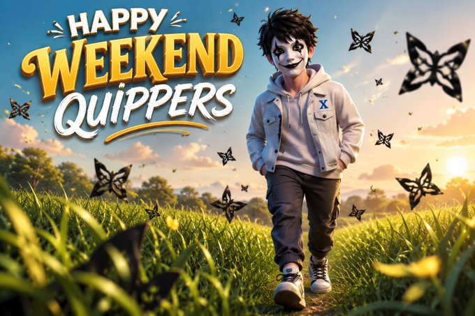 A festive graphic reading 'HAPPY WEEKEND QUIPPERS' featuring a masked character in a white hoodie walking through a grassy field with butterflies and a sunset.
