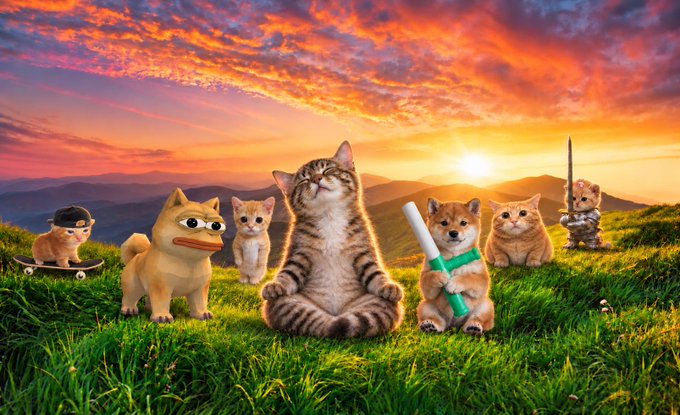 A humorous scene featuring a group of cats, including a tabby in a meditative pose, a Shiba Inu-like cat with a wooden sword, and others with skateboards and swords, set against a vibrant sunset over green hills.